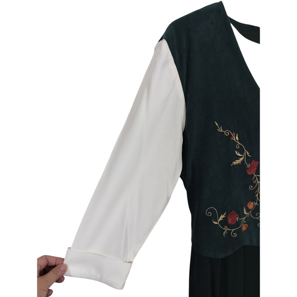 3398)Vtg 80s Miss Dorby Green White Attached Embroidery Vest 3/4 Sleeve Dress 12 - Picture 3 of 11